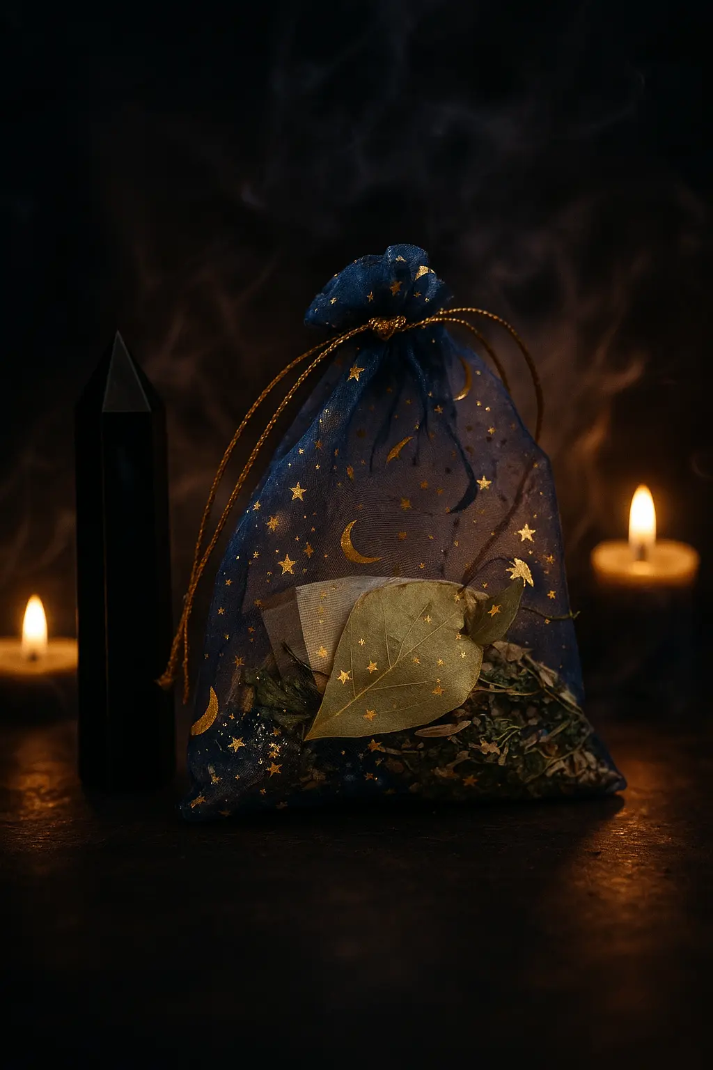 Sachet en organza bleu nuit constellé de lunes et d'étoiles dorées, feuille de laurier et herbes, près d'une pointe d'obsidienne