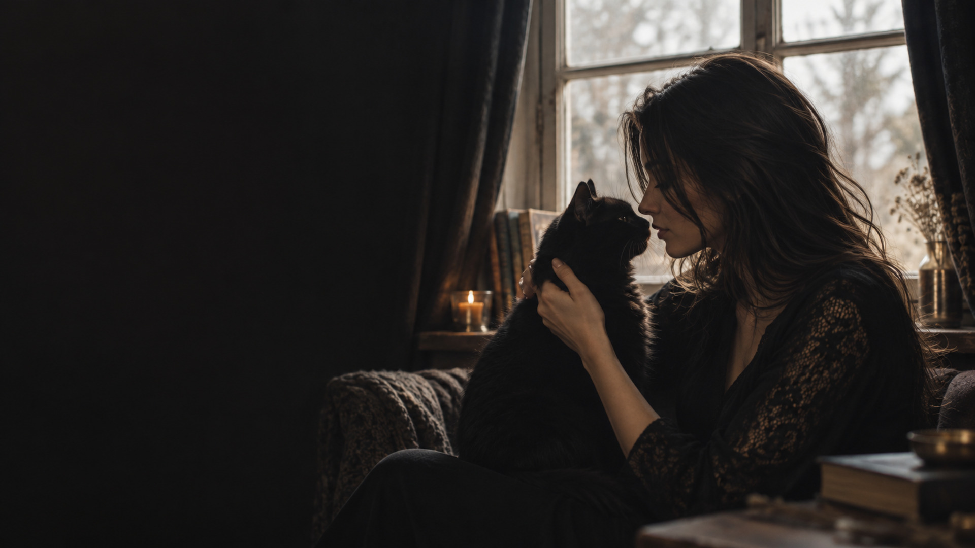 Alice tenant un chat noir près d'une fenêtre
