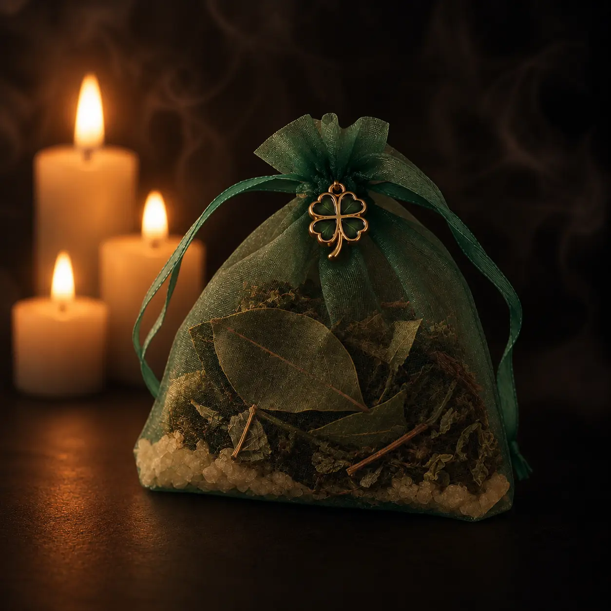 Sachet en organza vert orné d'un trèfle doré, feuilles de laurier et herbes, devant trois bougies allumées