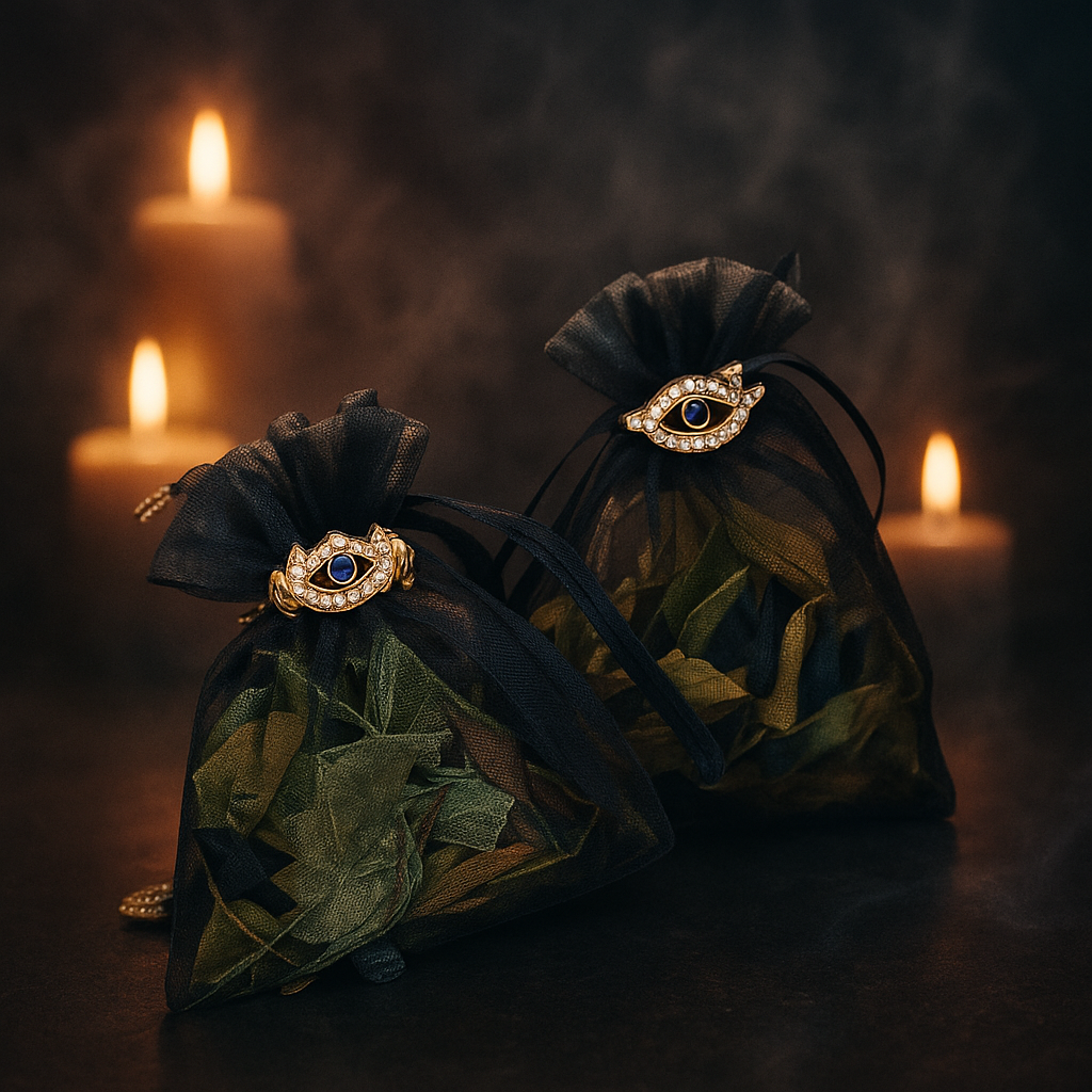 Deux sachets magiques noirs ornés d'un œil protecteur serti, feuilles vertes visibles, à la lueur des bougies