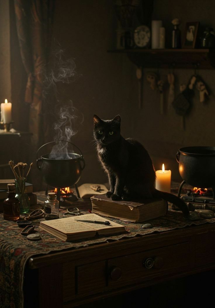 Chat noir assis sur de vieux grimoires près d'un chaudron fumant éclairé à la bougie