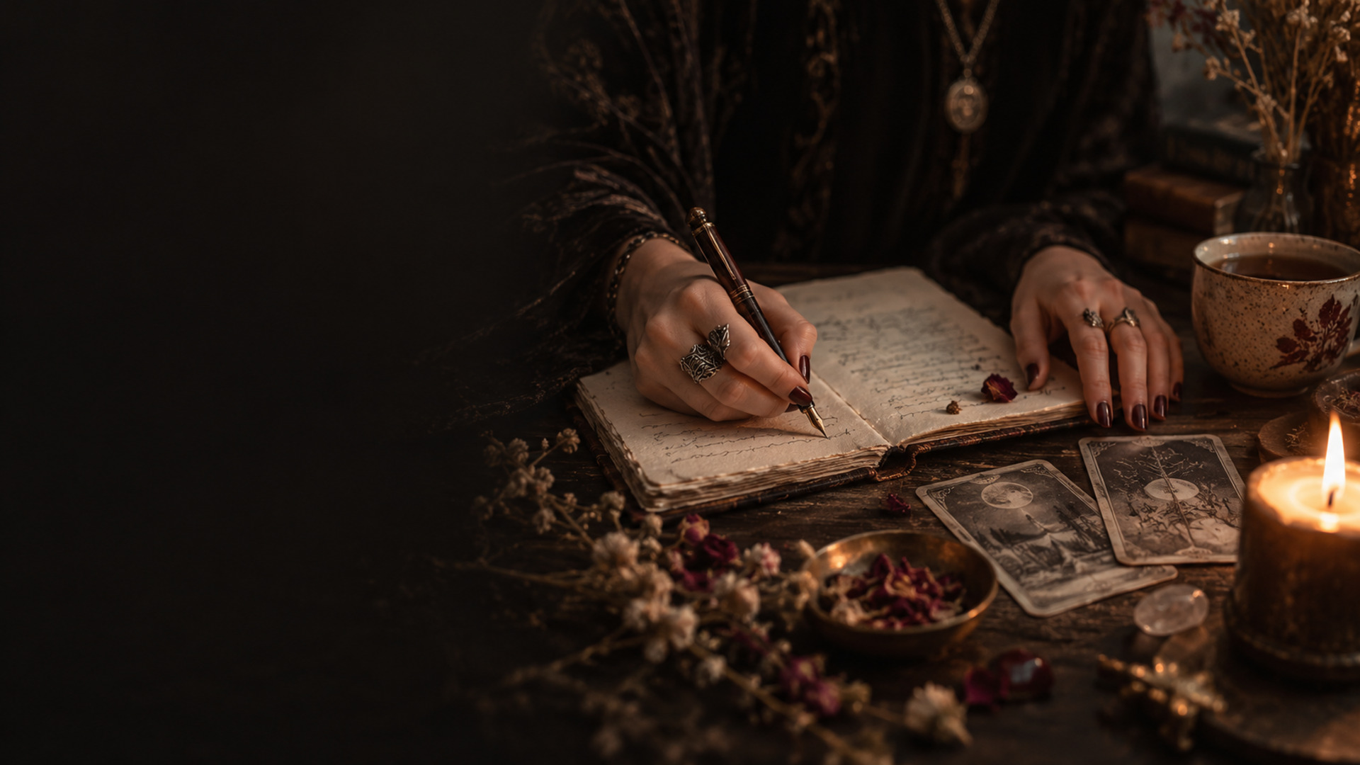 Alice écrivant dans un carnet ancien entouré de cartes et de bougies
