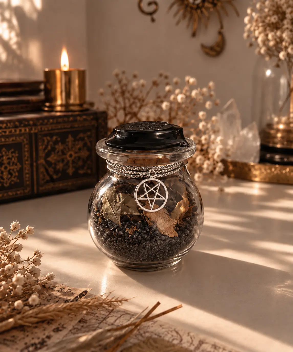 Spell jar de protection en verre scellé de cire noire, breloque pentacle, laurier et sel noir
