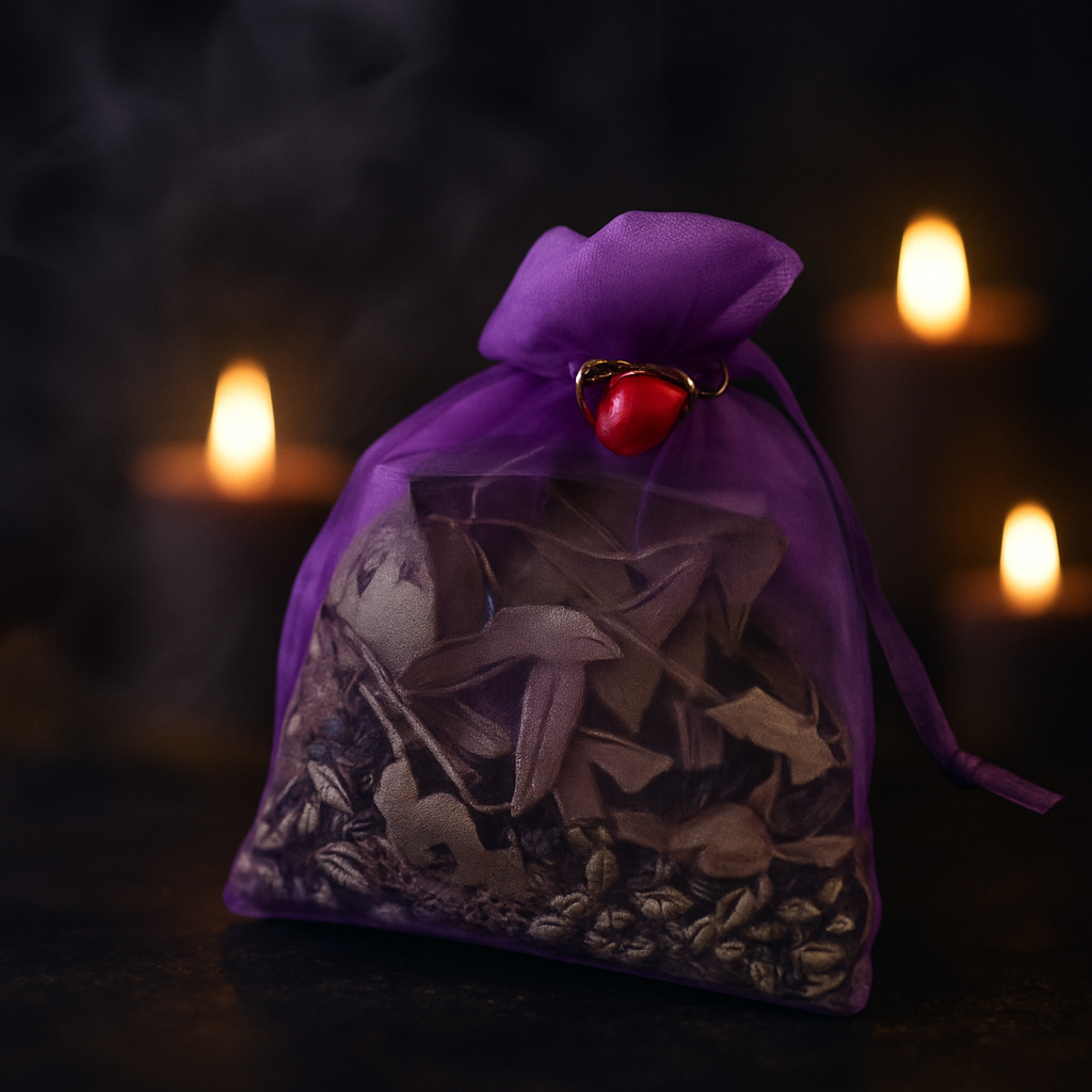Sachet en organza violet orné d'un cœur rouge, pétales et herbes visibles, à la lueur des bougies