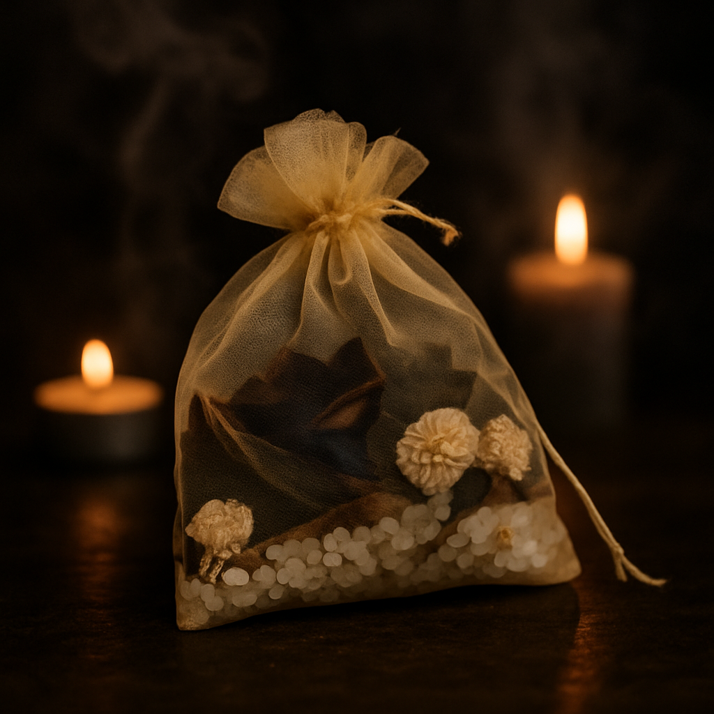 Sachet Attire Argent en organza doré, fleurs séchées et sels visibles, devant des bougies allumées