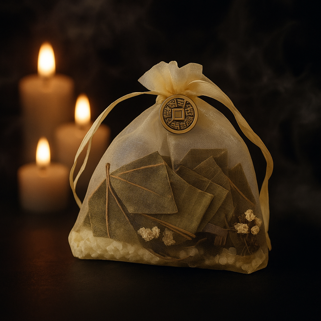 Sachet Attire Argent en organza crème orné d'une pièce porte-bonheur dorée, herbes et fleurs séchées, à la lueur des bougies