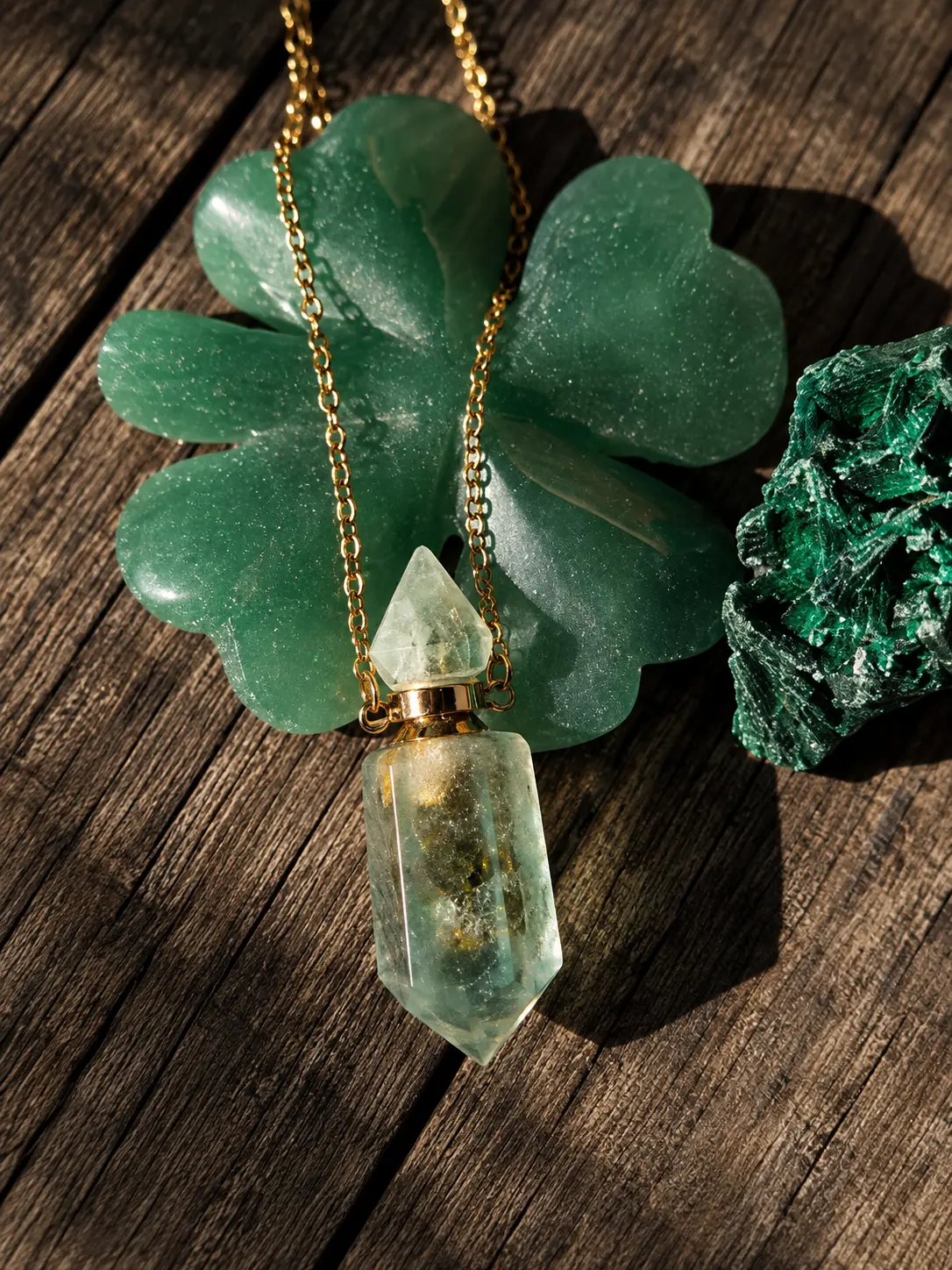 Amulette fiole en aventurine verte posée sur un trèfle en aventurine et une pierre brute, sur bois ancien