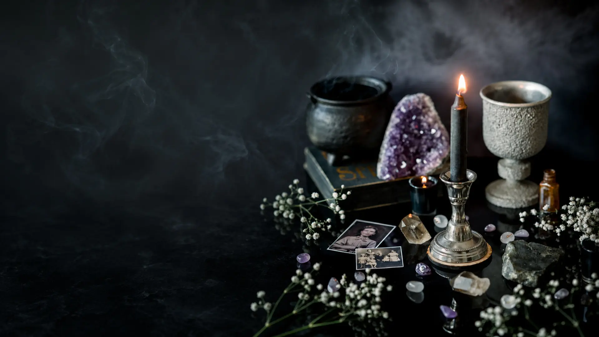 Autel sombre avec bougies, fumée d'encens et pierres d'améthyste