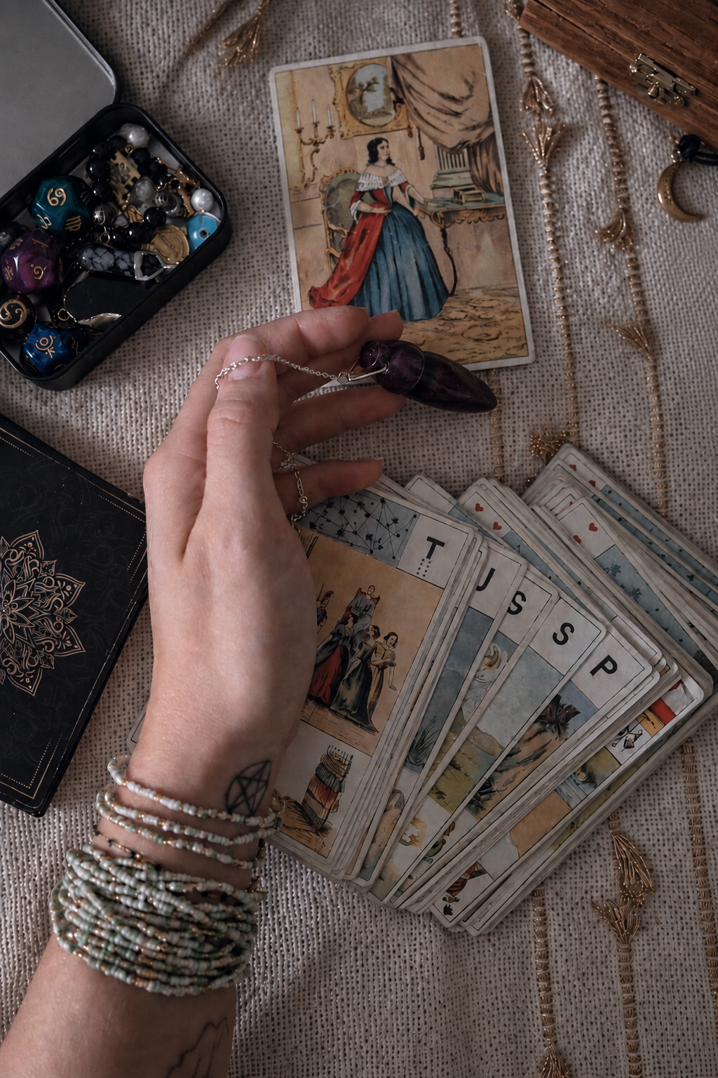 Main tenant un pendule au-dessus d'un éventail de cartes de tarot anciennes