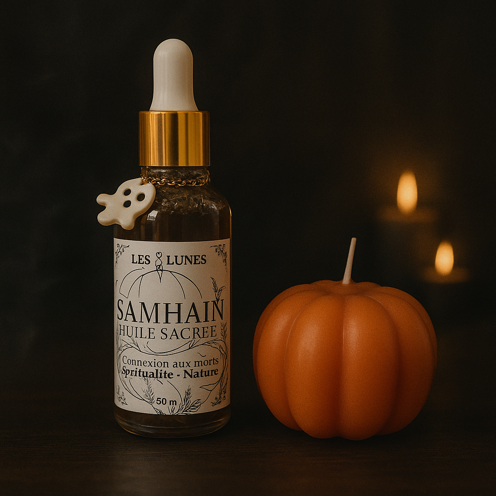 Flacon d'huile sacrée Samhain Les 3 Lunes et sa breloque fantôme, à côté d'une petite citrouille