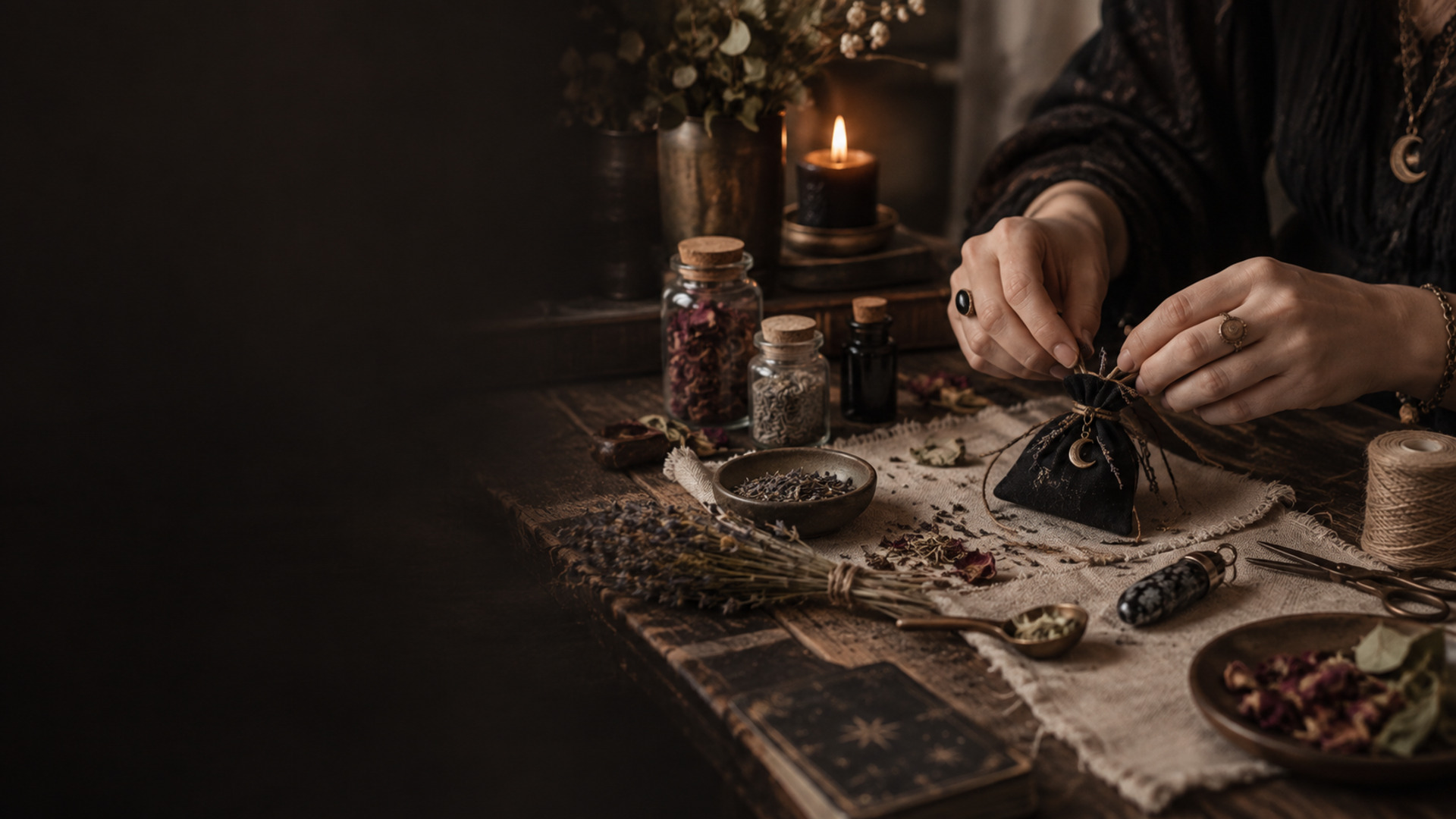 Alice confectionnant un sachet rituel parmi des herbes et des fioles
